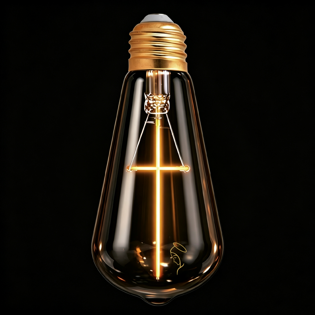 Base up cross filament LED bulb glowing warm white against a black background