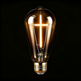 Edison-style LED bulb with an illuminated cross-shaped filament, Base Down orientation