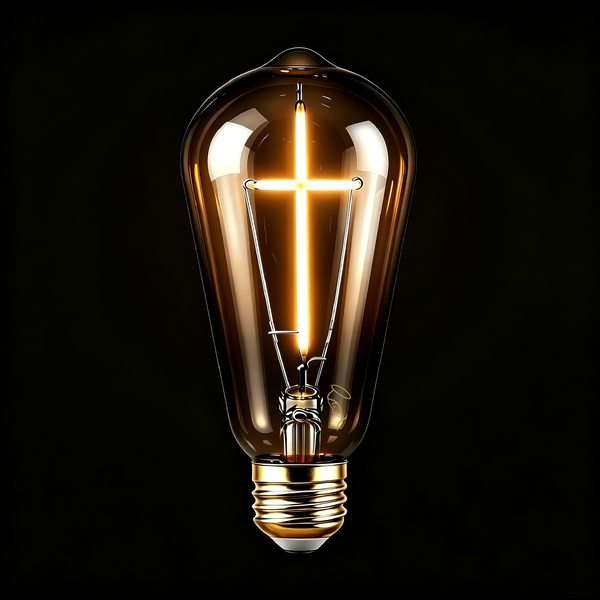 Edison-style LED bulb with an illuminated cross-shaped filament, Base Down orientation