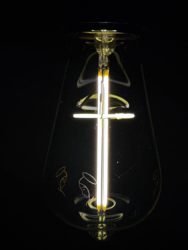 Edison-style LED bulb with an illuminated cross-shaped filament, Base Up orientation