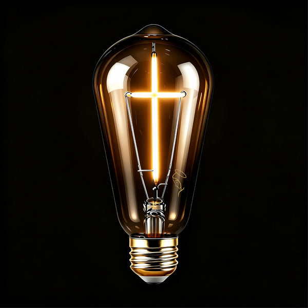 Base down cross filament LED bulb in clear amber glass with a gold screw base